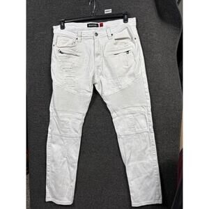 Makobi Jeans Mens 38x34 White Distressed Moto Biker Slim Fit Denim Zip *READ